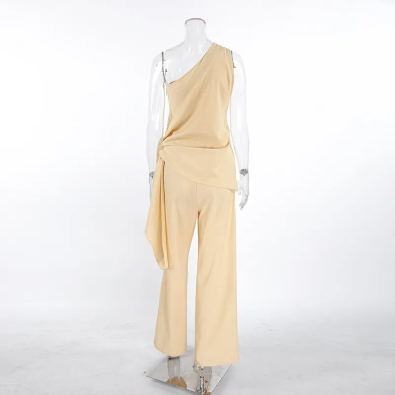 Summer Cotton and Linen Suit Women's French Slanted Shoulder Lace-up Sleeveless Vest Top High Waist Wide Leg Pants Two-piece Set