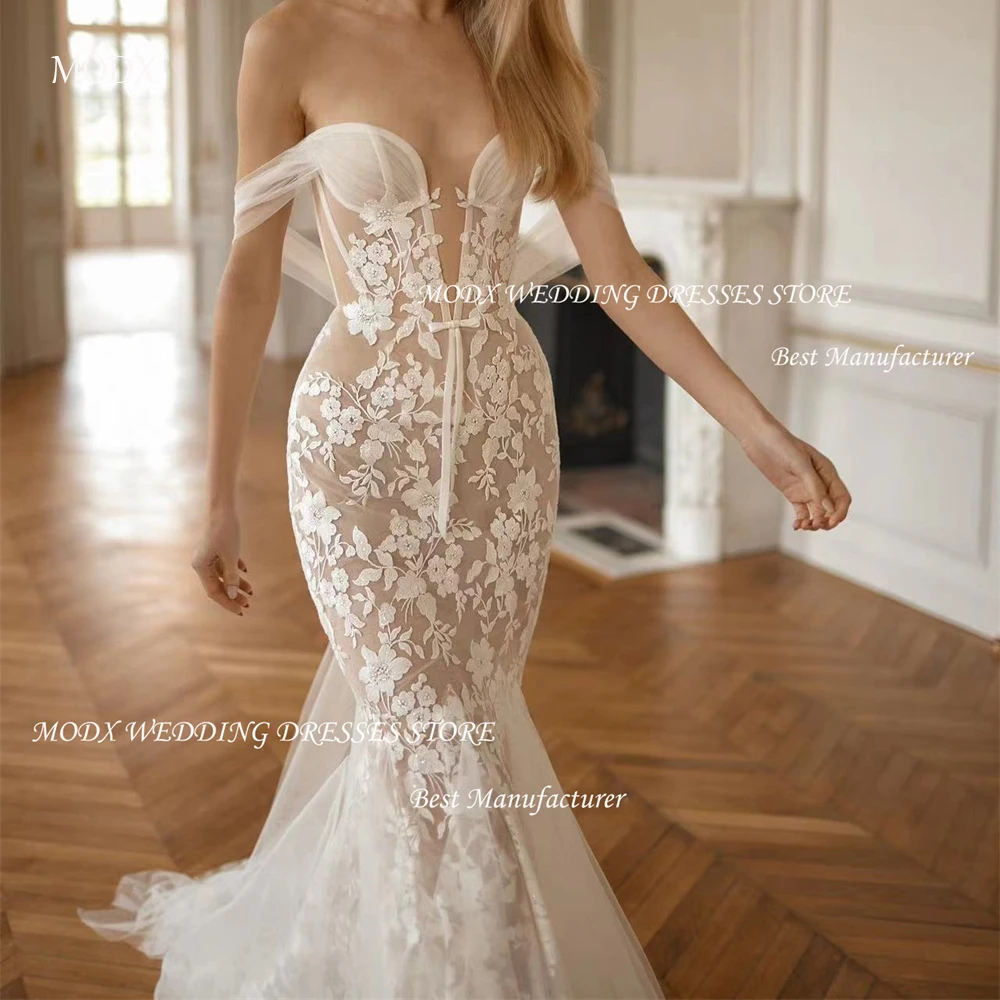 

MODX Элегантные свадебные платья русалки Фотосессия с открытыми плечами Мягкие кружевные плиссированные свадебные платья с аппликацией
