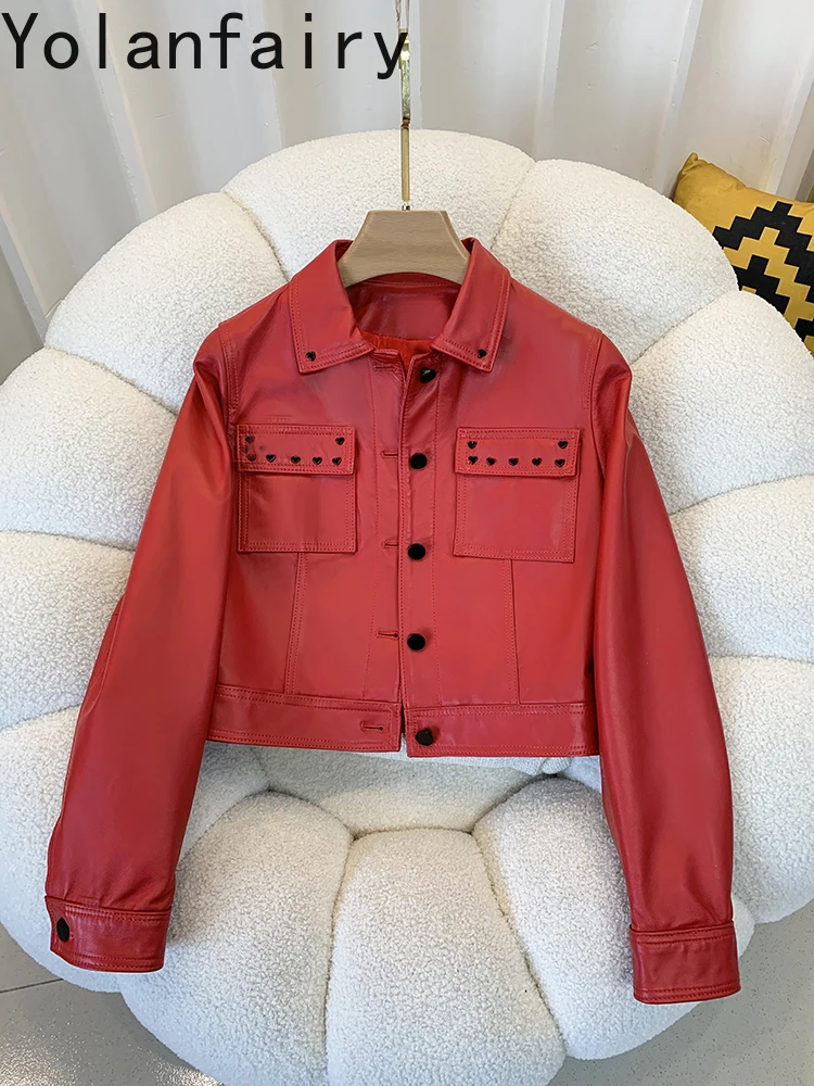 Real Leather Jacket Women Korean Style Rivet Genuine Sheepskin Leather Coat Square Neck Long Sleeved Red Top Jaqueta Feminina