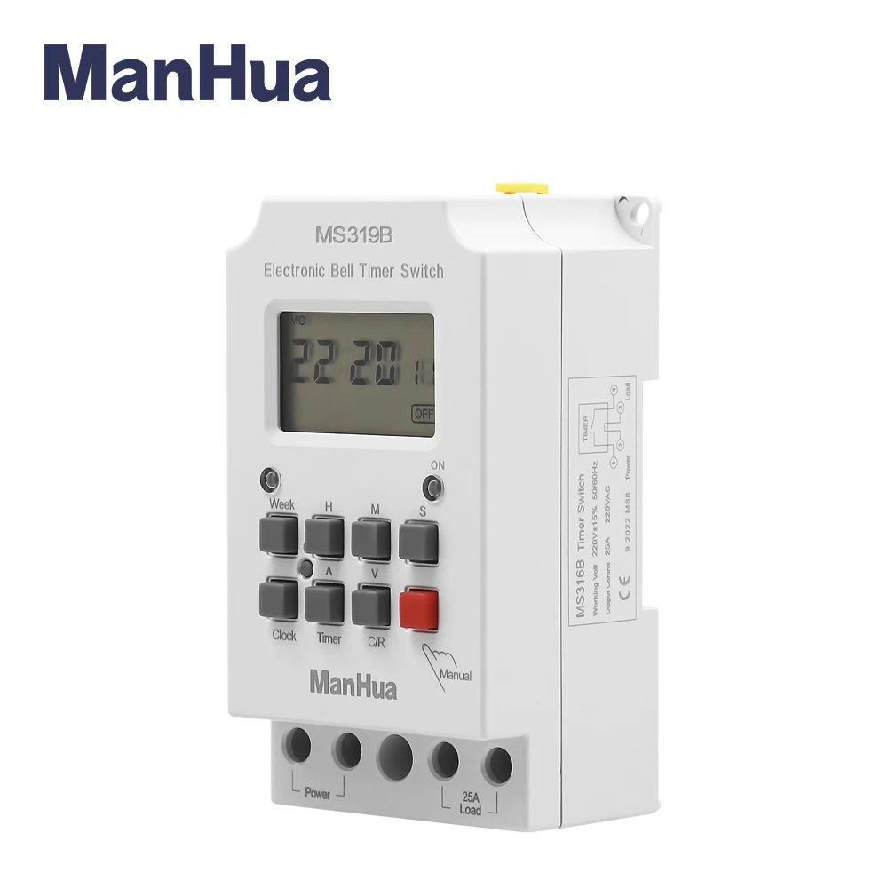 ManHua MS319B 200-240VAC 25A 99ON Programmable Din Rail Digital Timer Switch School Bell Time Controller