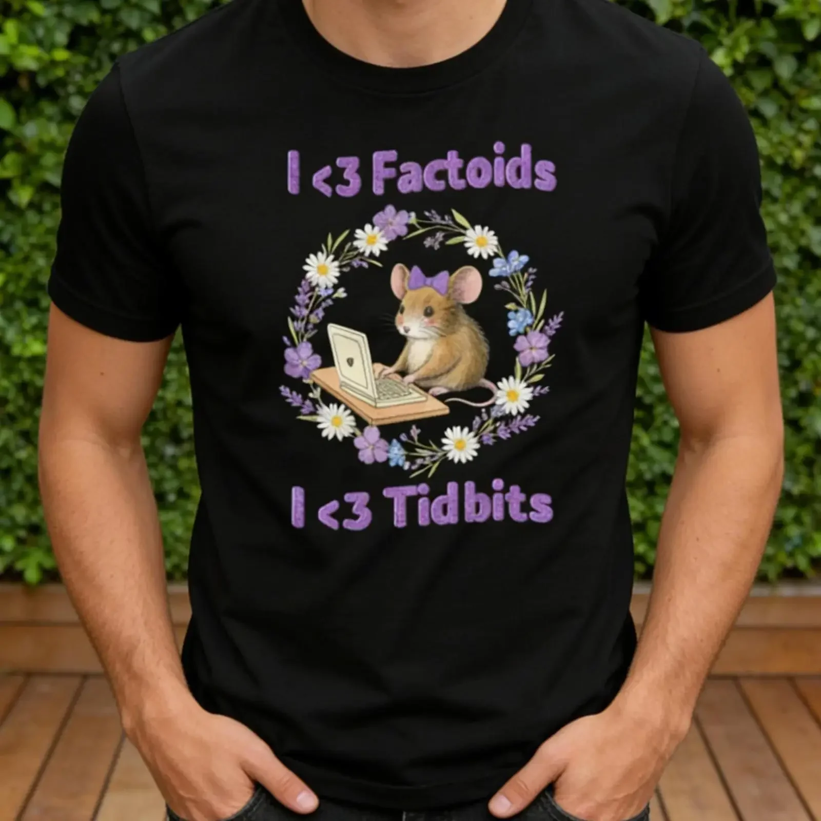 I Love Factoids Tidbits Cute Laptop Mouse Floral Wreath Nerd Humor T Shirt Fact Lover Bookish Casual  vintage Washed
