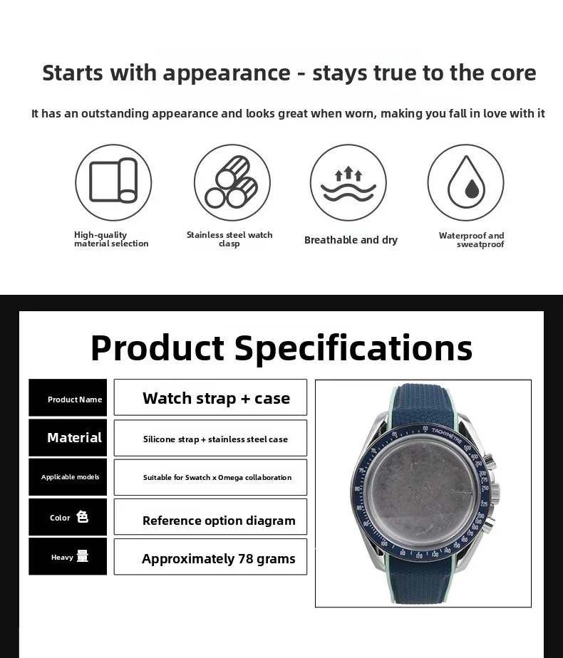 42mm Stainless Steel Moon Watch Case+Rubber Strap Mod Kit for Omega & Swatch MoonSwatch Metal Case Waterproof Bracelets parts