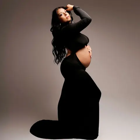 गर्भावस्था पोशाक फोटोग्राफी प्रॉप्स मैक्सी गाउन टर्टलनेक फुल स्लीव कट आउट बेली बॉडीकॉन मैटरनिटी फोटोशूट बेबी शॉवर के लिए 10 best sales मातृत्व मैक्सी ड्रेस - №9