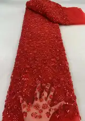 Lentejuelas Rojas bordadas para novio, tela de encaje africano de tul de malla francesa de alta calidad para vestidos nigerianos, fiesta de boda, 5 yardas