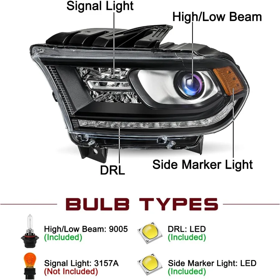 헤드라이트 어셈블리 [LED DRL 포함] 2014-2020 닷지 듀랑고 공장 할로겐 모델 헤드램프 교체용 운전석 및 조수석