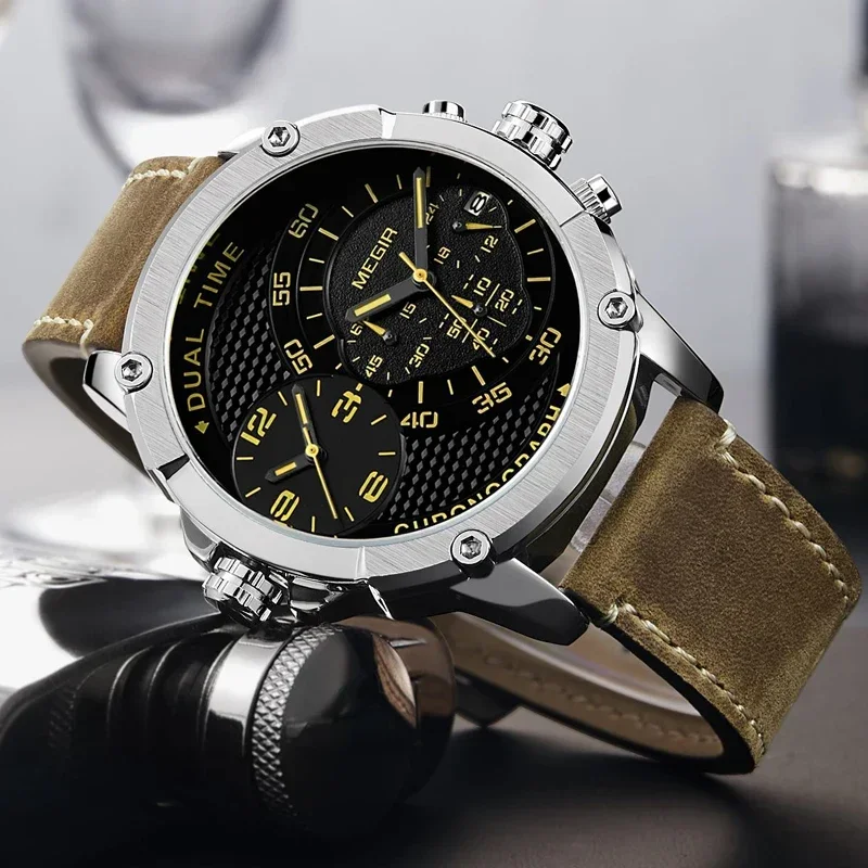 Herren Uhren MEGIR Luxus Große Zifferblatt Militär Sport Quarz Armbanduhr Männer Leder Casual Wasserdichte Uhr Männlich Relogio Masculino