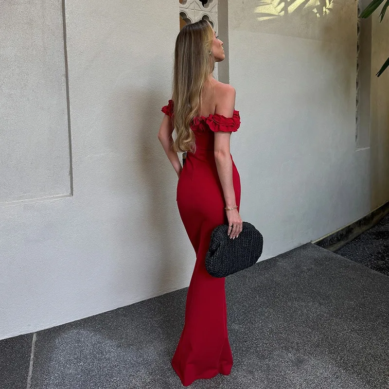 Dsmtrc vermelho sólido retalhos fora do ombro sexy maxi vestido feminino moda sem alças sem mangas sem costas bodycon vestidos longos