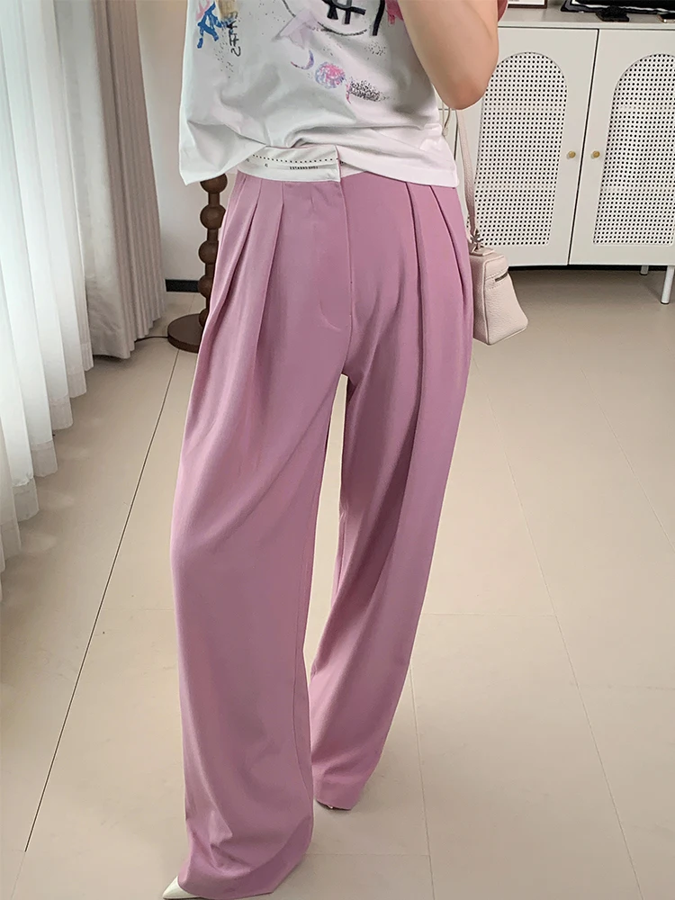 

High Waist Slim Fit Wide Leg Pants Women's Fashion Summer Dopaamine Woolen Trousers Long Pants Commute Style Casual Pants
