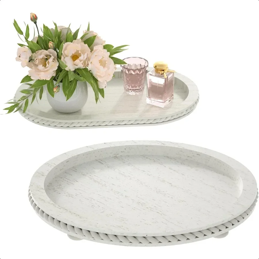 

Wooden Tiered Tray Oval and Round Tray Set of 2 Farmhouse Vintage Decorative Tray Stand for Coffee Table White Serving Tray for