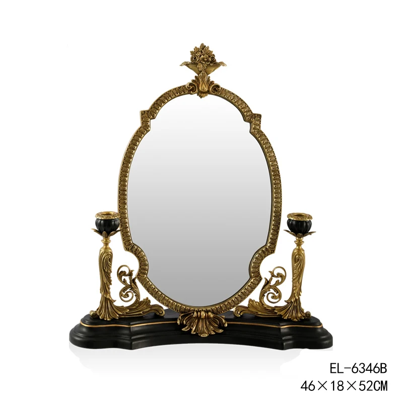 French retro art European luxury ceramics with copper vanity mirror, bedroom vanity mirror desktop