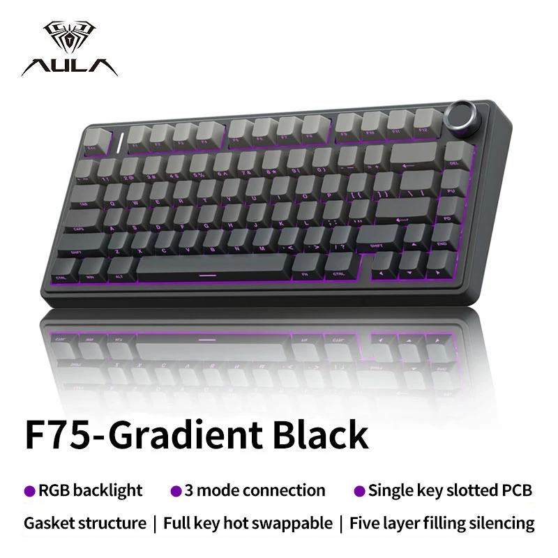 

AULA F75 Mechanical Keyboard RGB Customized 75% Layout Side-engraving Gasket Mounted 80keys PBT Gradient Keycaps Keyboard Gift