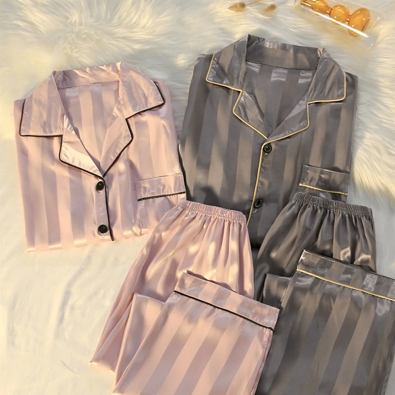 Striped Pajamas Sets for Women 2022 High-quality Silk Female Pajama Spring Long-sleeve Cardigan Set Ice Silk Home Sexy Sleepwear