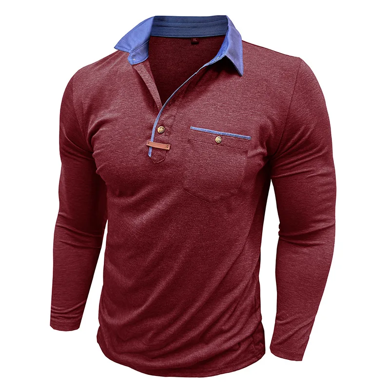Langarm-Poloshirt für Herren, lässig, schmale Passform, Henley-Kragen, T-Shirt mit Tasche, Smart Blend Tops – Detail 40