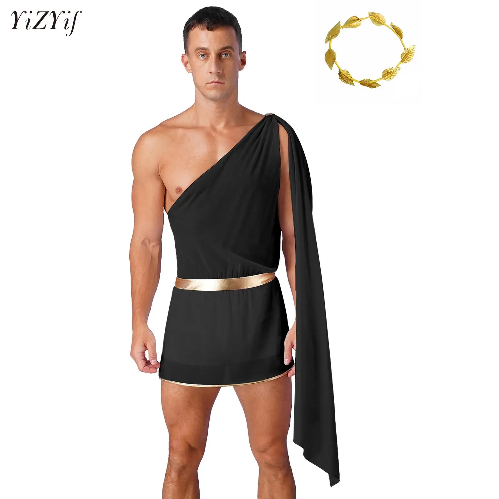 

Men's Ancient Greek Cosplay Costume Mythology Man Toga Halloween God Robe Cosplay Fancy Dress Up Skirted Bodysuit+Headwear Set