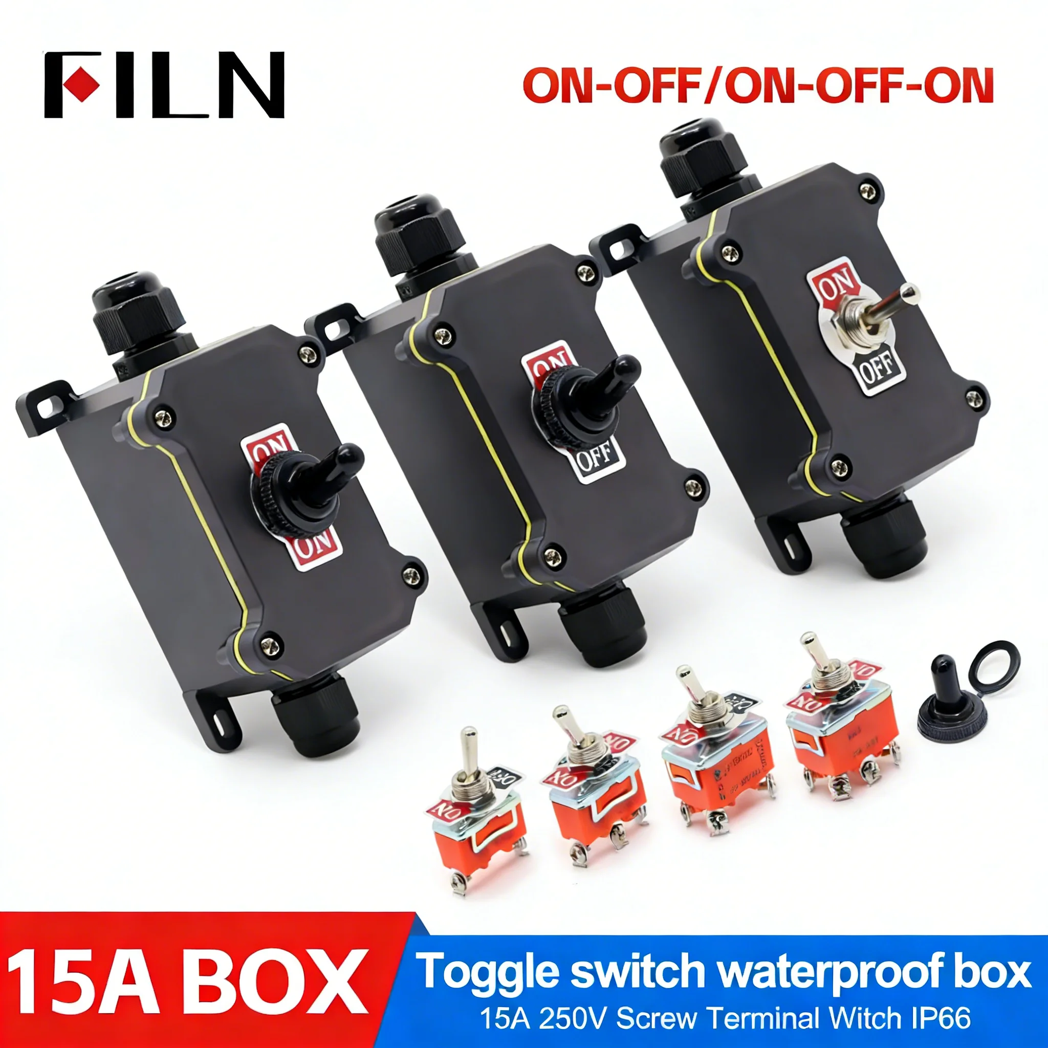 

FILN 15A 250V Industrial Toggle Switch Set (SPST/SPDT) in Waterproof Box - Perfect for Marine and Outdoor Applications