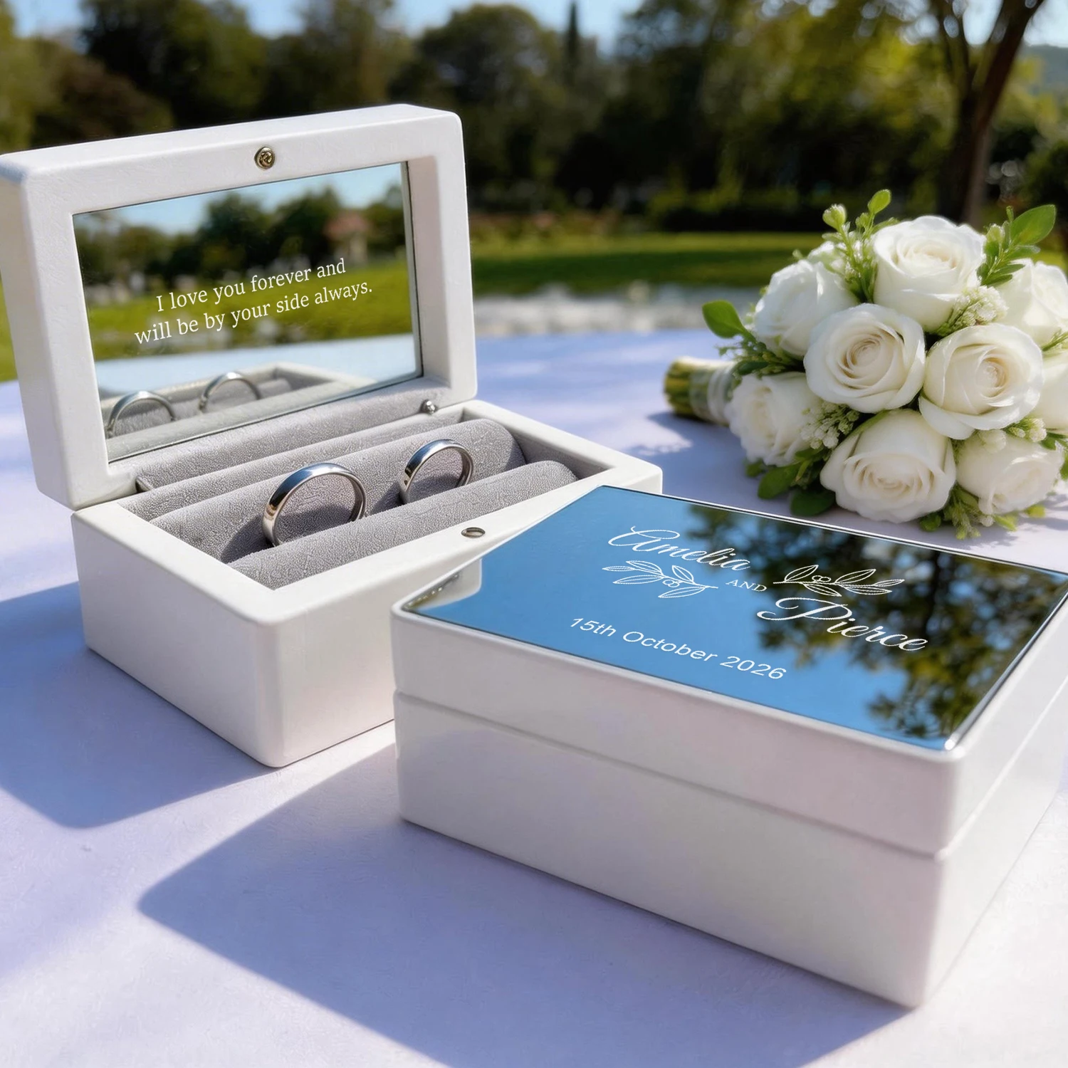 Personalisierte Hochzeitsringbox für 2 Ringe, individuelle Ringbox für Braut und Bräutigam vor der Kirche, Ringbox für die Hochzeit