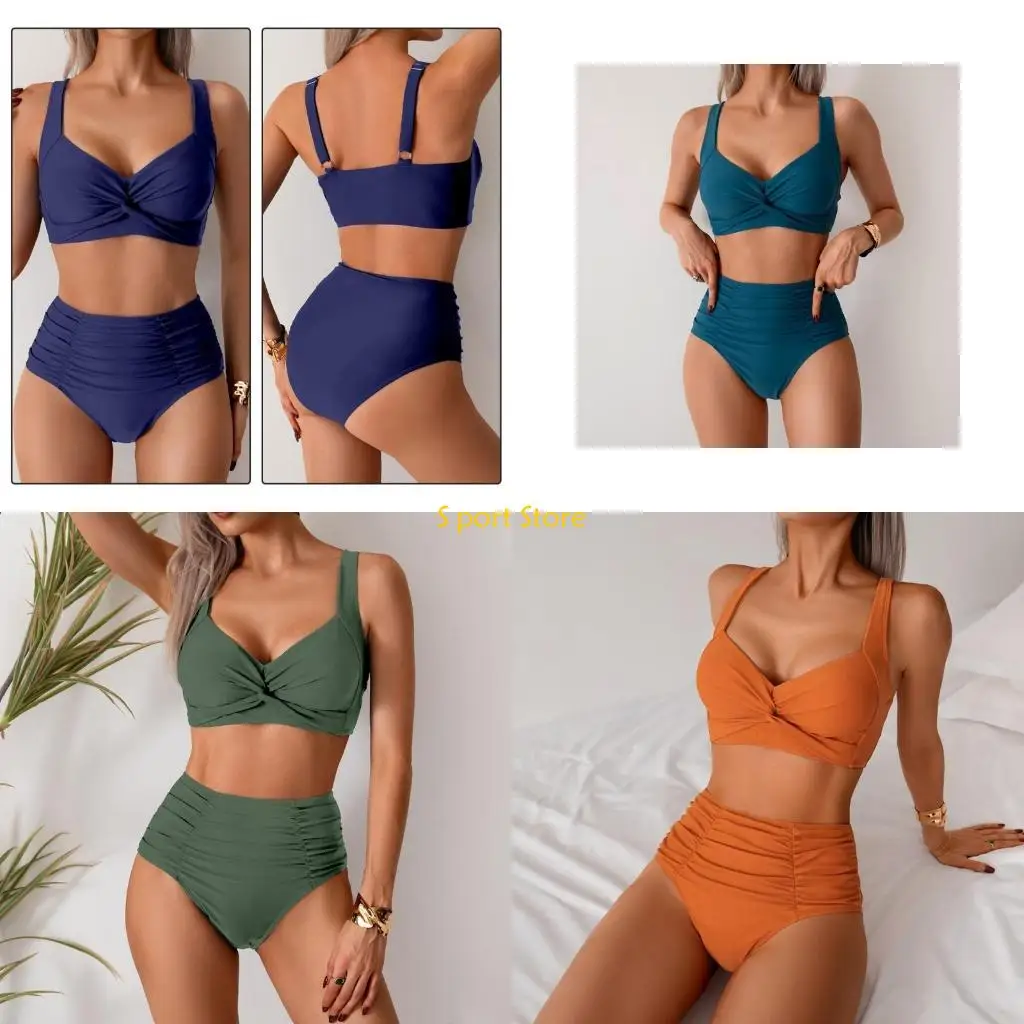 

U2JB Women Ruched Swimsuit Tummy Controlled High Waist Bathing Suit Knotted Swimming Costume Swimwears Padded Bathing Suit