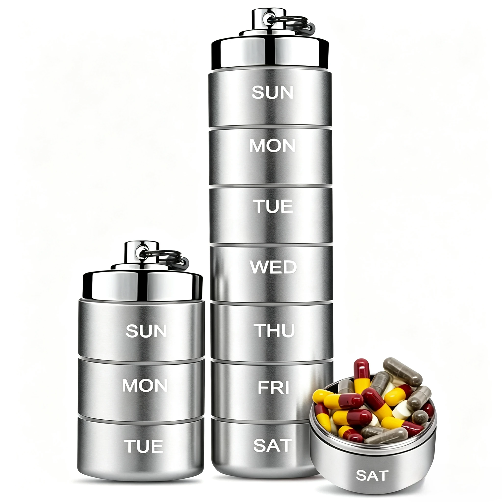 Metal Travel Pill Organizer Weekly Cute 7 Day Pill Box 7 Compartments for Portable Daily Travel Bottle Medication Container