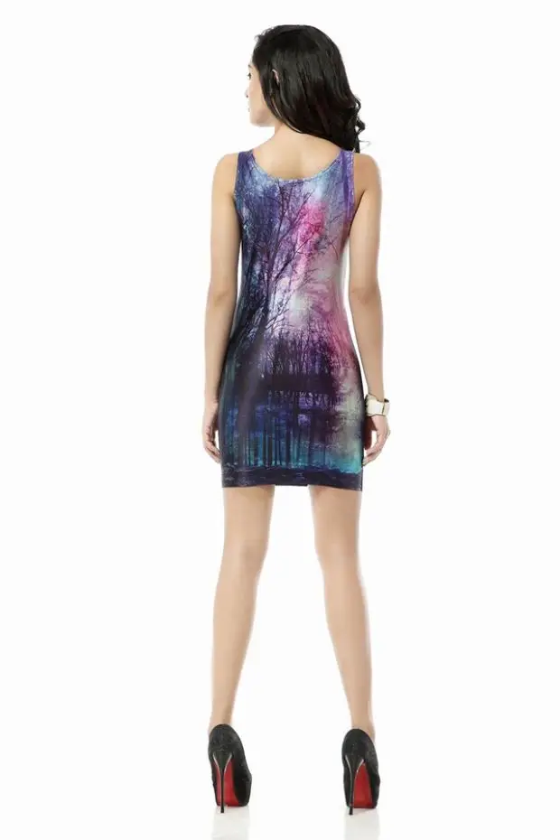 Purple Grim Weird Forest Painting Print Pencil Dress Fashion Elegant Printed Party Dress