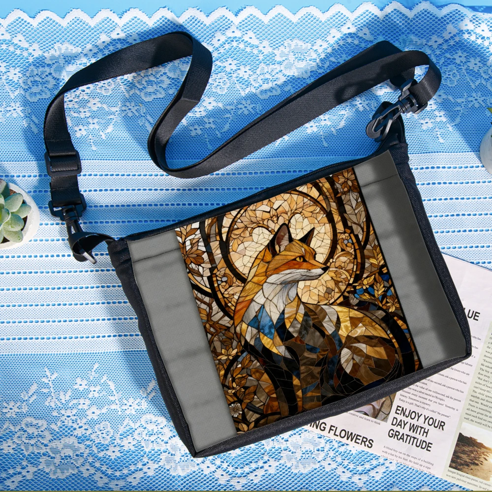 1pc Stained Glass Fox Design Crossbody Bag Black Artistic Animal Pattern Shoulder Bags For Women Outdoor Travel Daily Use Fashio