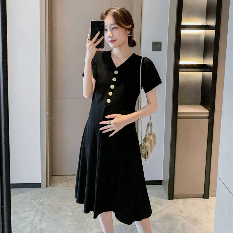 

Button Maternity Dresses Black Pregnant Women Office Casual Clothes Summer Female Plus Size Pregnancy Dress Graduation