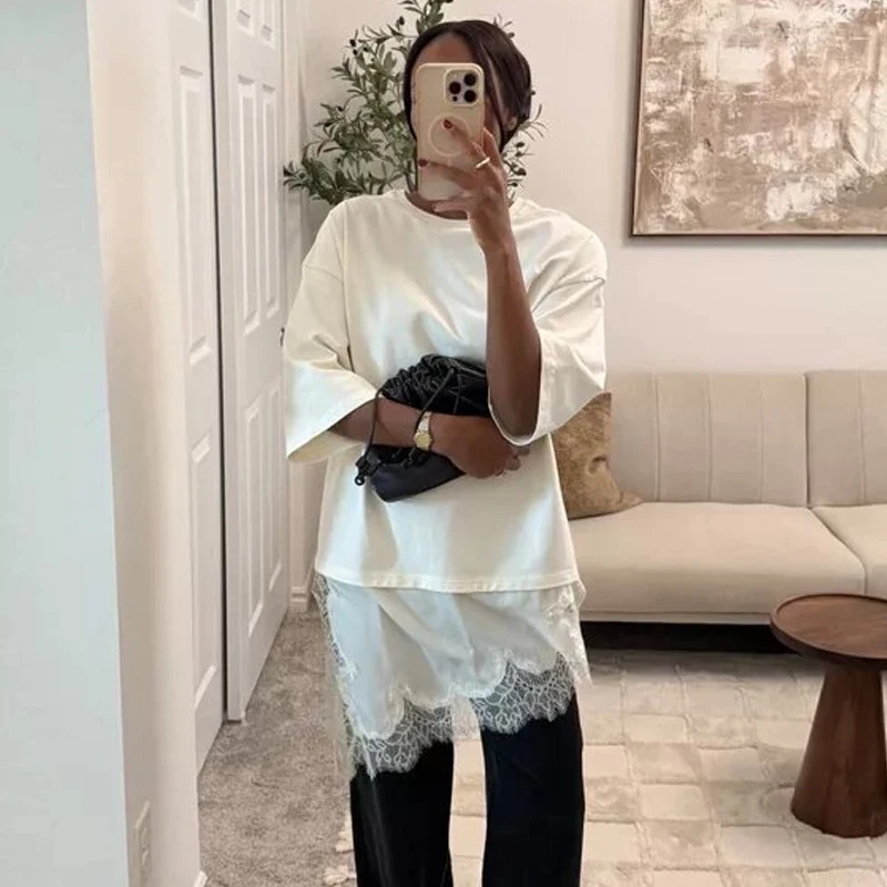 MUJER Polo Lace T Shirt Woman Contrast Casual Tank Top Women Short Sleeve Asymmetric Top Female Streetwear Loose Women's T-shirt image 6