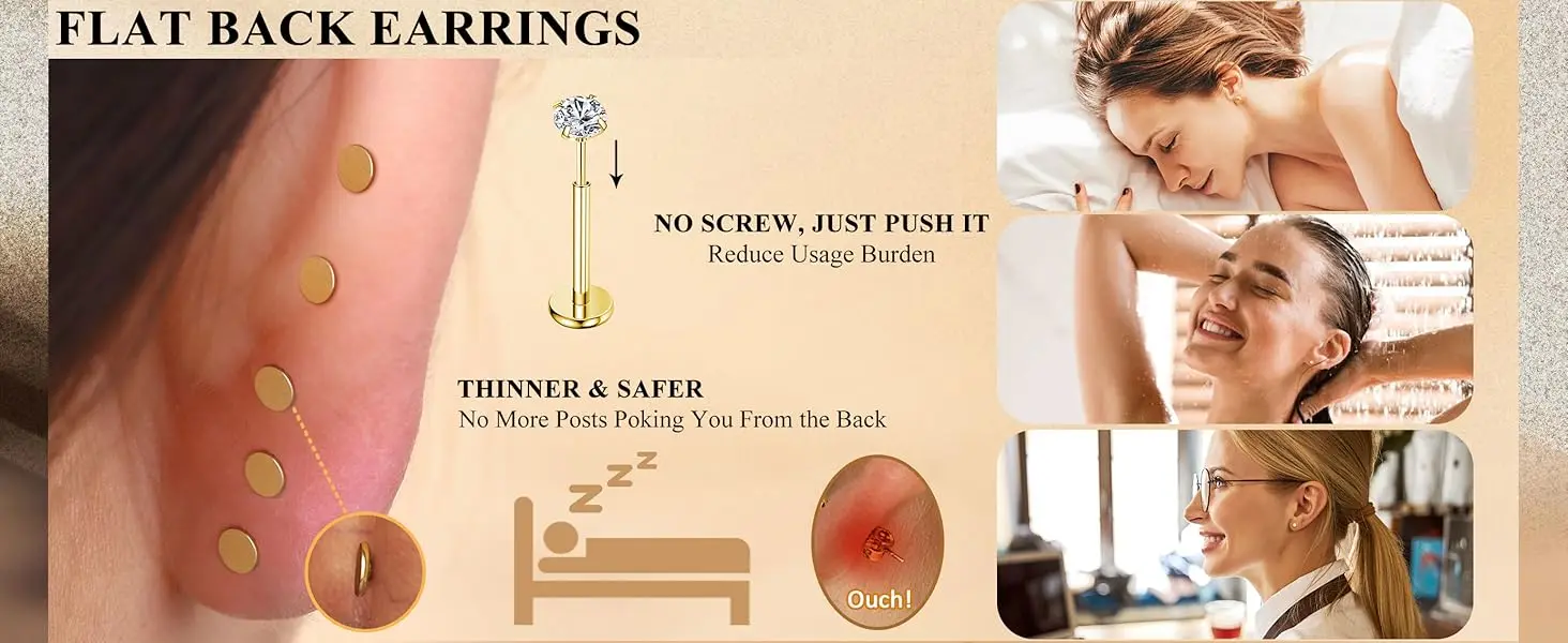 12 Pairs 316L Surgical Steel Flat Back Studs Hoop Earrings for Women Men CZ Stud Earrings Nose Stud Helix Piercing Jewelry