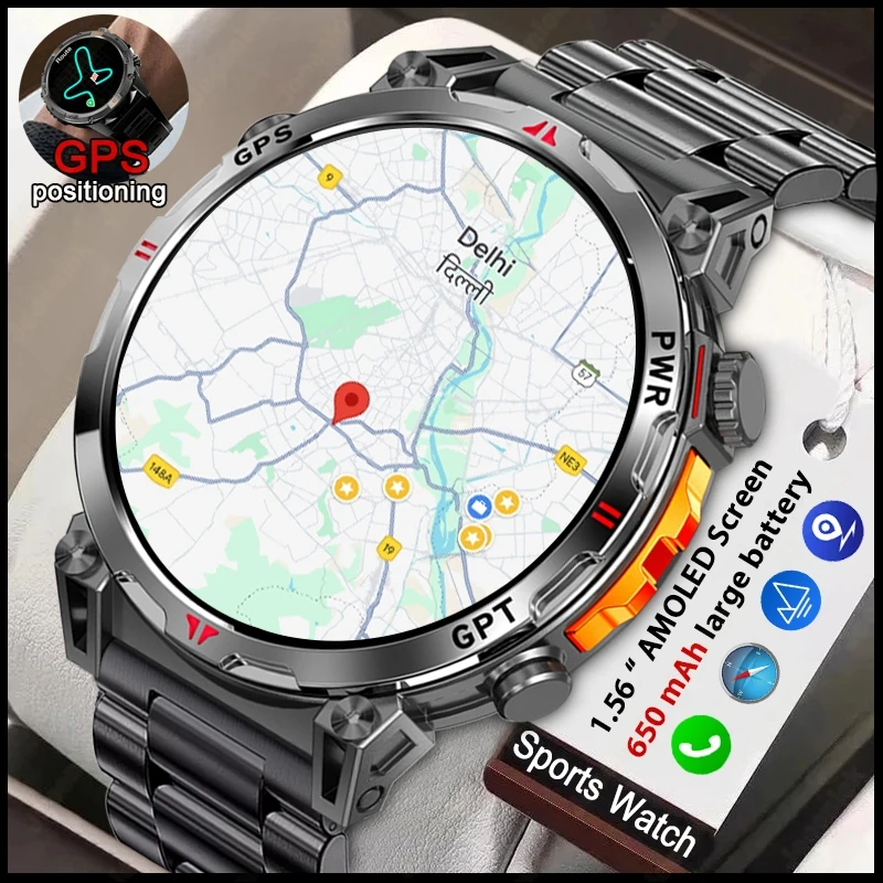 Reloj inteligente GPS de grado militar para hombre, pantalla AMOLED, batería de 500mAh, 5ATM, resistente al agua, monitoreo de salud deportiva, relojes de llamada Bluetooth