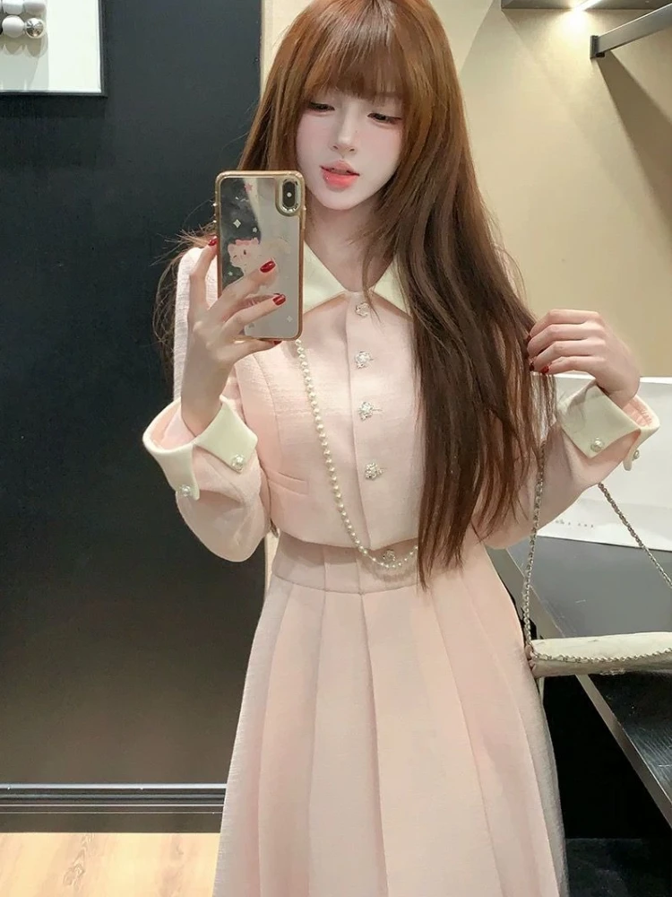 France chaud doux rose 2 pièces ensemble Design de mode revers court ample mince Cardigan femmes élégant taille haute Bouffant jupe longue