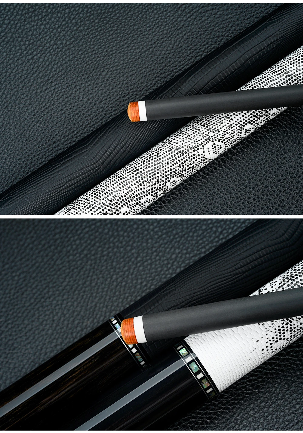 Billardqueue mit Carbonfaser-Schaft, geringer Abweichung, Griff mit Echsenmuster, 58 Zoll, 12,5 mm Spitze, 3/8x8 Verbindung, 8/9 Ball, KONLLEN – Detail 25