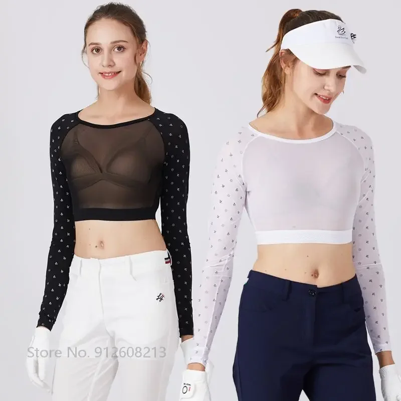 Thiên Nga Tình Yêu Bộ Quần Áo Nữ In Hình Áo Sơ Mi Tay Dài Nữ Chống Nắng Ice Silk Golf Crop Tops Chống Tia UV Thun Thể Thao Áo Thun