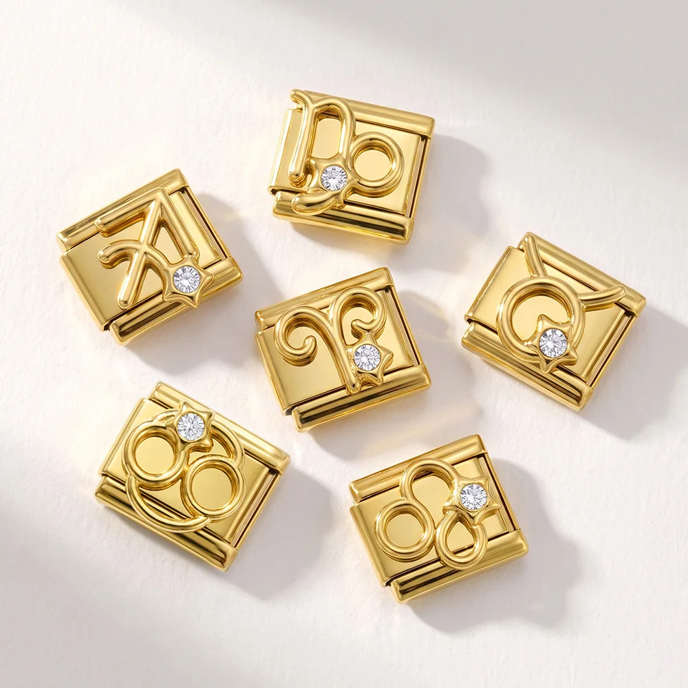 URING Goldfarbenes Sternzeichen-Charm im italienischen Stil, 12 Sternzeichen-Symbole, Gliederarmband, passend für 9-mm-Perlen, Edelstahl, DIY-Schmuck – Detail 4