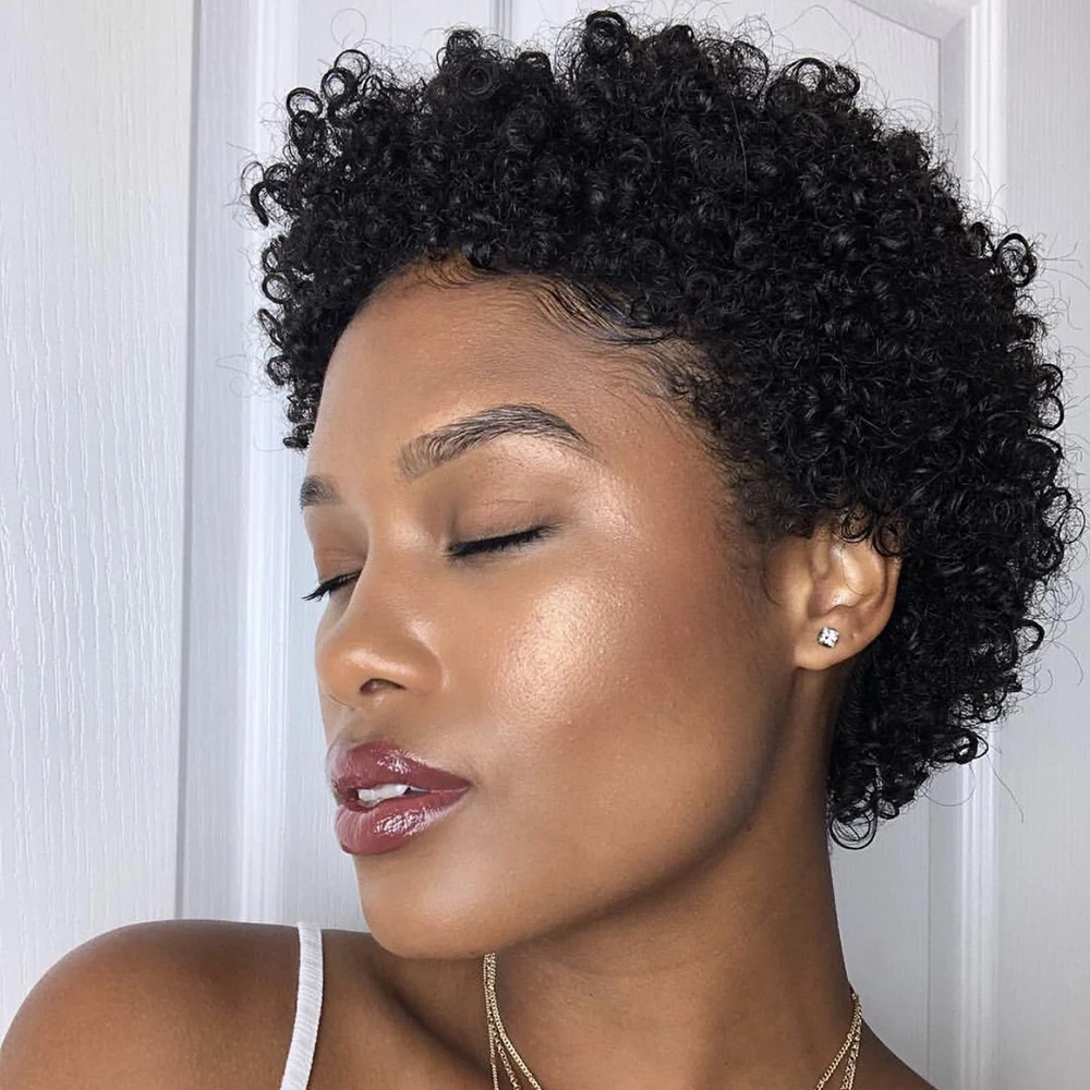 곱슬곱슬한 픽시컷 가발 브라질산 인모 짧은 아프로 앞머리가 있는 흑인 여성용 풀 머신 메이드 바로 착용 가능