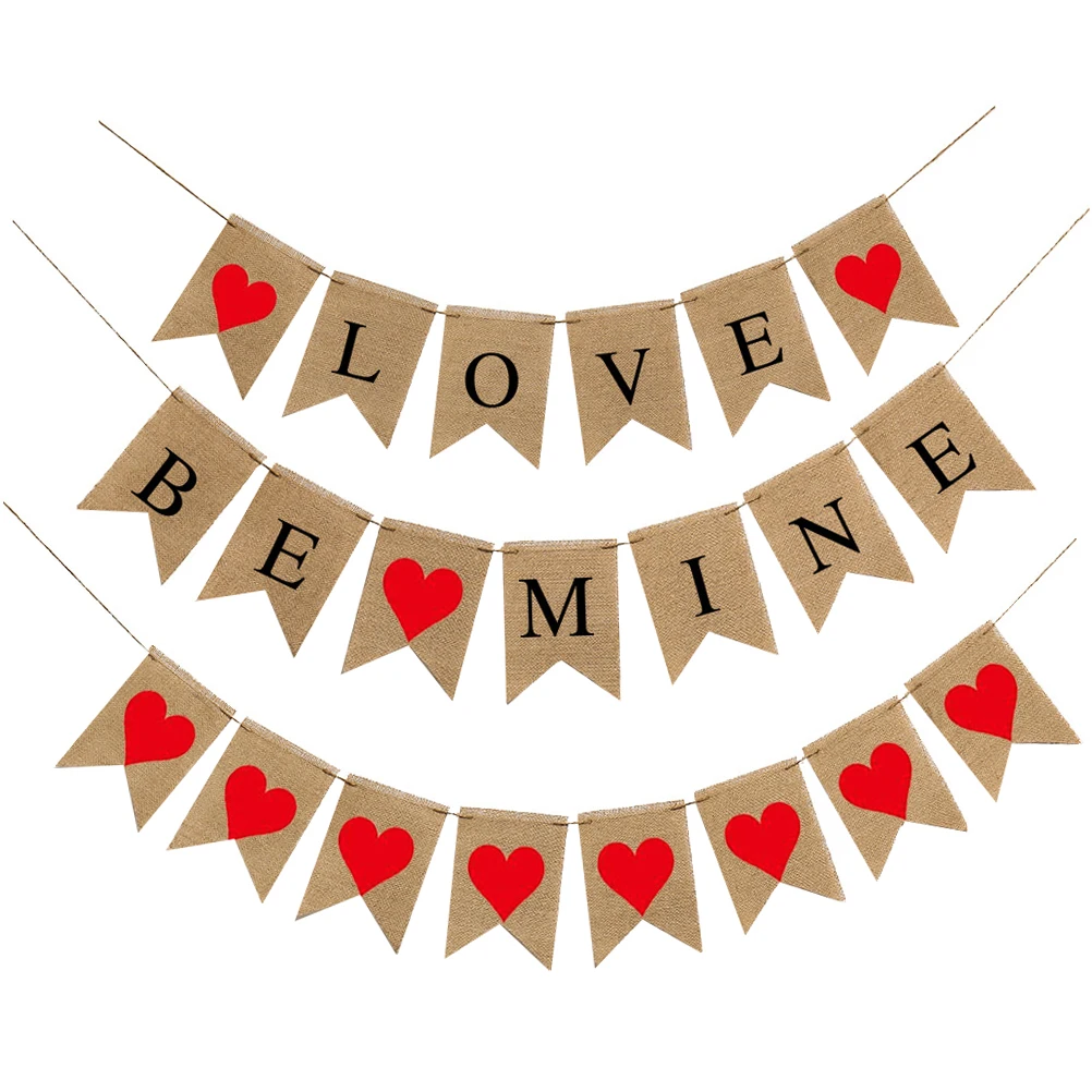 

3Pcs Valentine's Day Linen Swallowtail Banner Romantic Wedding Party Decoration Love Proposal Garland Valentine's Day Banner
