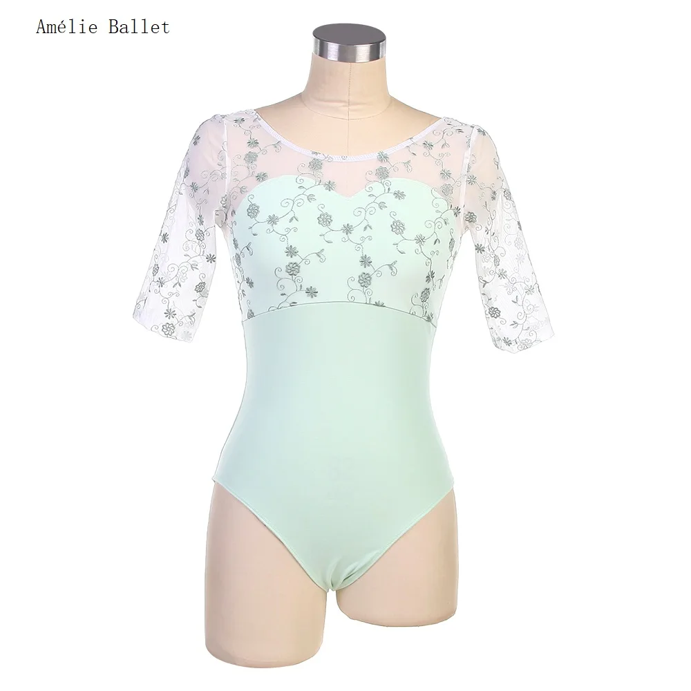 03D2401 Frete Grátis Adulto Dança Letoards Mid-mangas Verde/Branco Collant Low Back collant Mulheres Bailarina Roupas de Prática