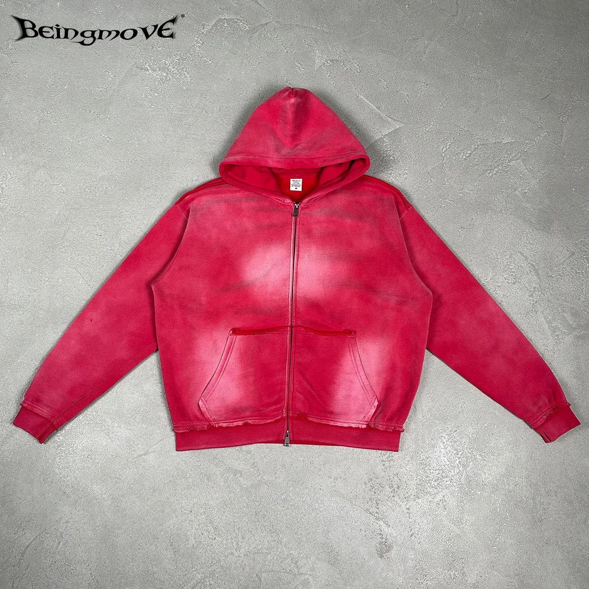 Street Style|Autumn Winter European American Washed Vintage Spray Hem Zipper Hoodie Fleece Lined Thickened Sweatshirt For Men