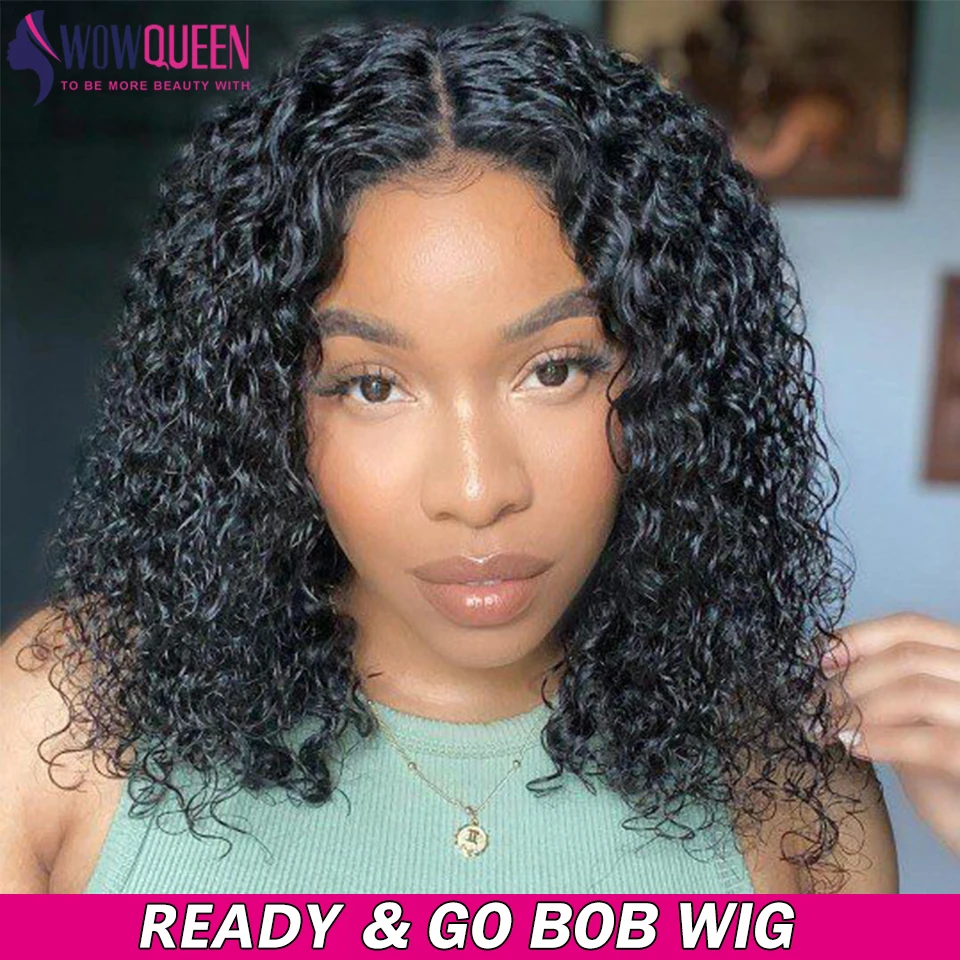 

Curly Wigs Glueless Wig Human Hair Ready To Wear Water Wave Bob Wigs Pre Cut Pre Plucked 4X4 Closure Wig Remy Human Hair Wig