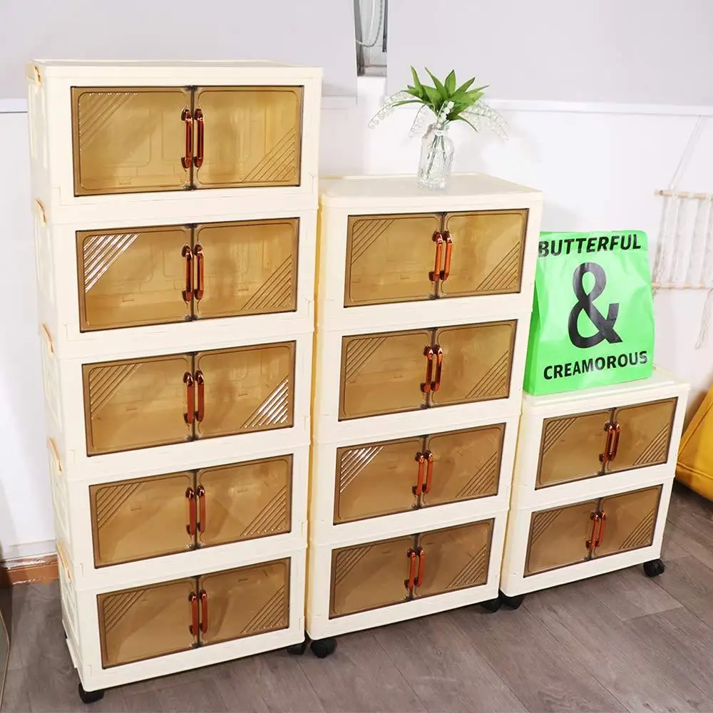 

Plastic Foldable Storage Cabinet Installation-Free Dustproof Folding Clothes Closet with Wheels and Lid Large Capacity