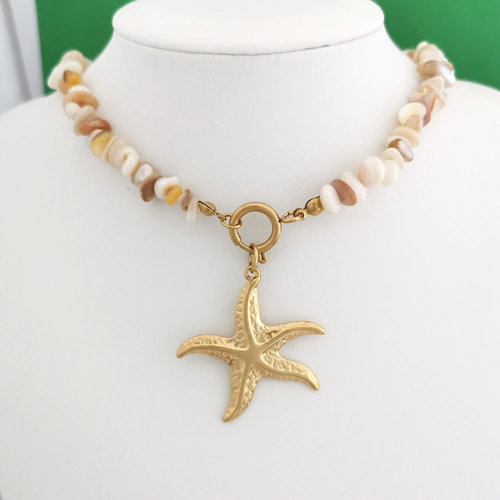 Collar con colgante grande de pez y estrella de concha para mujer, gargantilla de acero inoxidable, cadena geométrica de océano, hebilla básica de Color dorado DIY resistente al agua