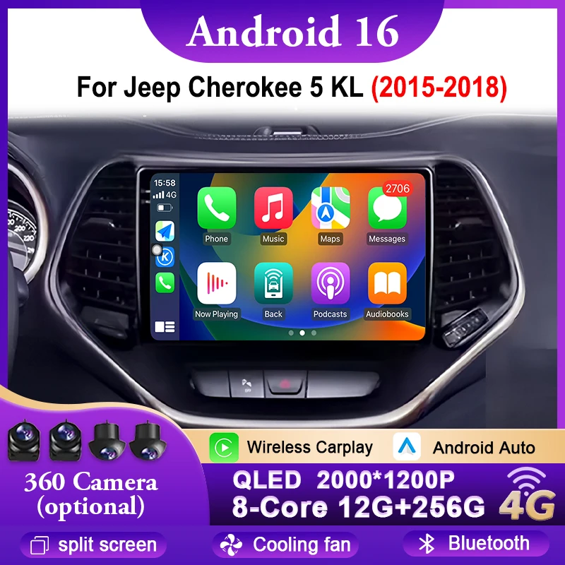 For Jeep Cherokee 5 KL 2015-2018 Android 16 Car Radio Screen GPS Navigation Carplay 4G Wifi Bluetooth 2k Video Autoradio