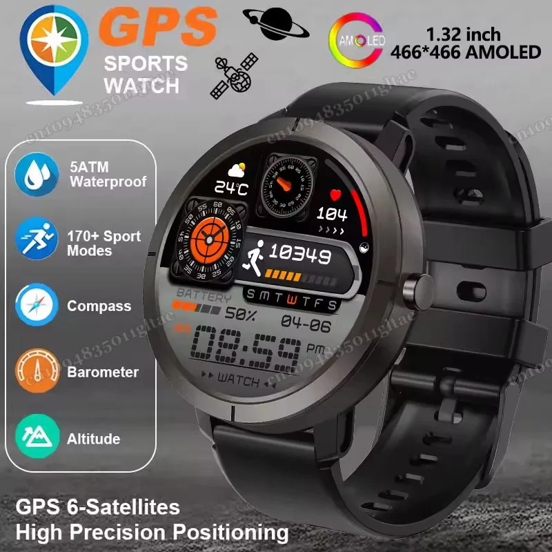 

2025 GPS Smart Watch AMOLED 1.32inch BT Call 5ATM Waterproof 170 Sport Modes 360mAh Large Battery Outdoor Men Women Smart Watch