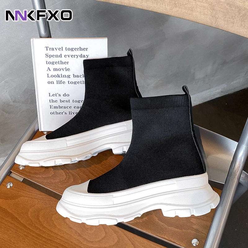 

2023 Women Fashion Ankel Boots Classic Black Autumn Winter Stretch Boots Round Toe Muffin Sole Boots Knitting Fabric Boots QB298