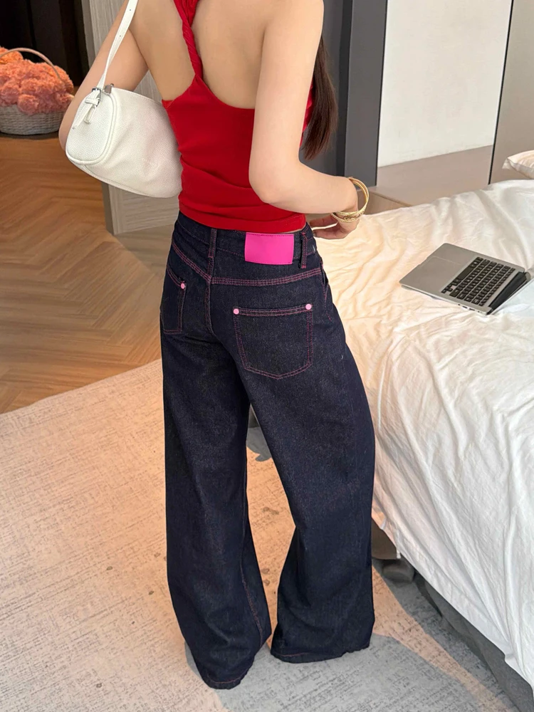 

Summer 2026 High Waist Wide Leg Denim Jeans Color Block American Style Spicy Girl Fashion Retro Versatile Women's Long Pants