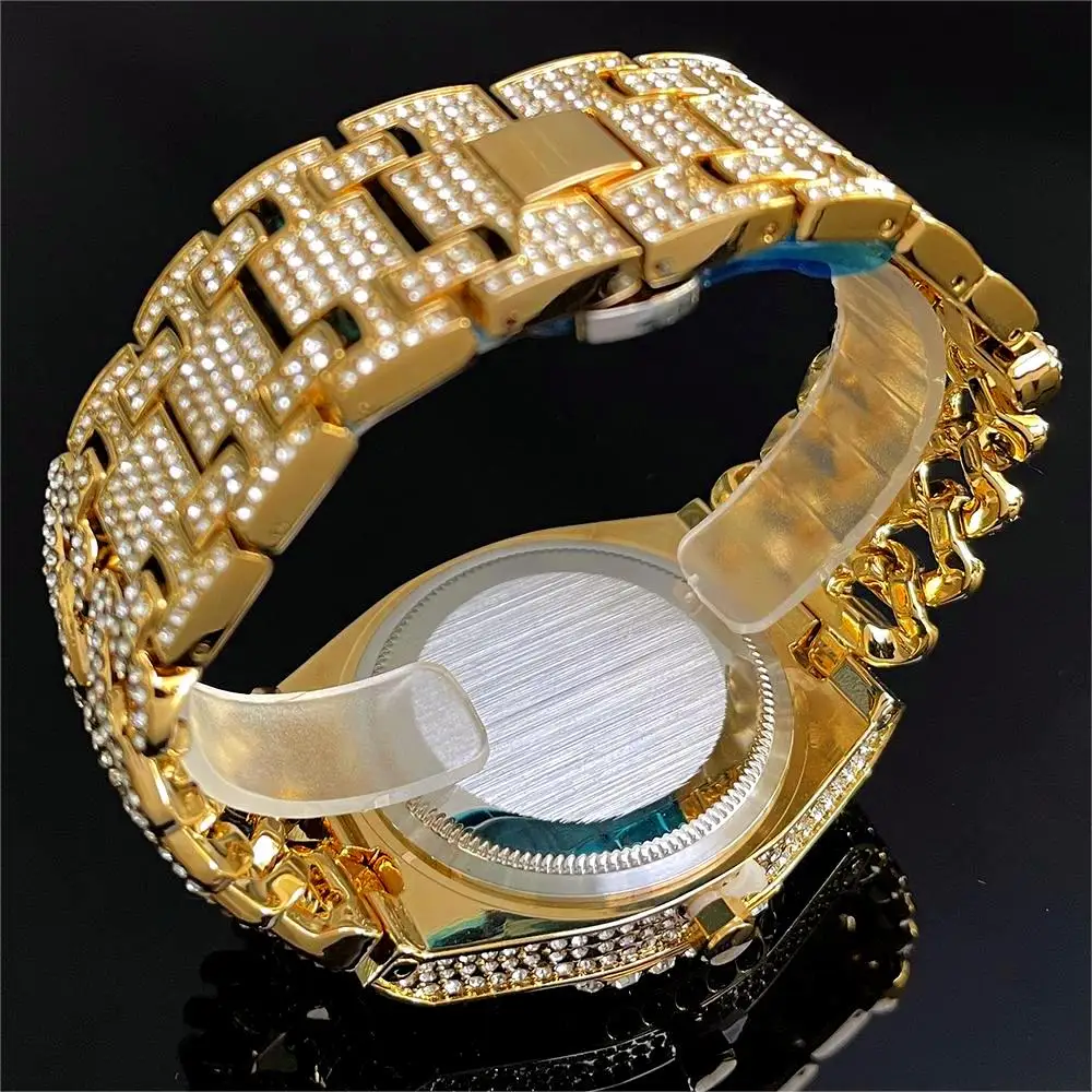2024 Fashion Iced Out Watches Men Luxury Stainless Steel Golden Quartz Wristwatch Hip Hop Diamond Jewelry Watch Man Reloj Hombre