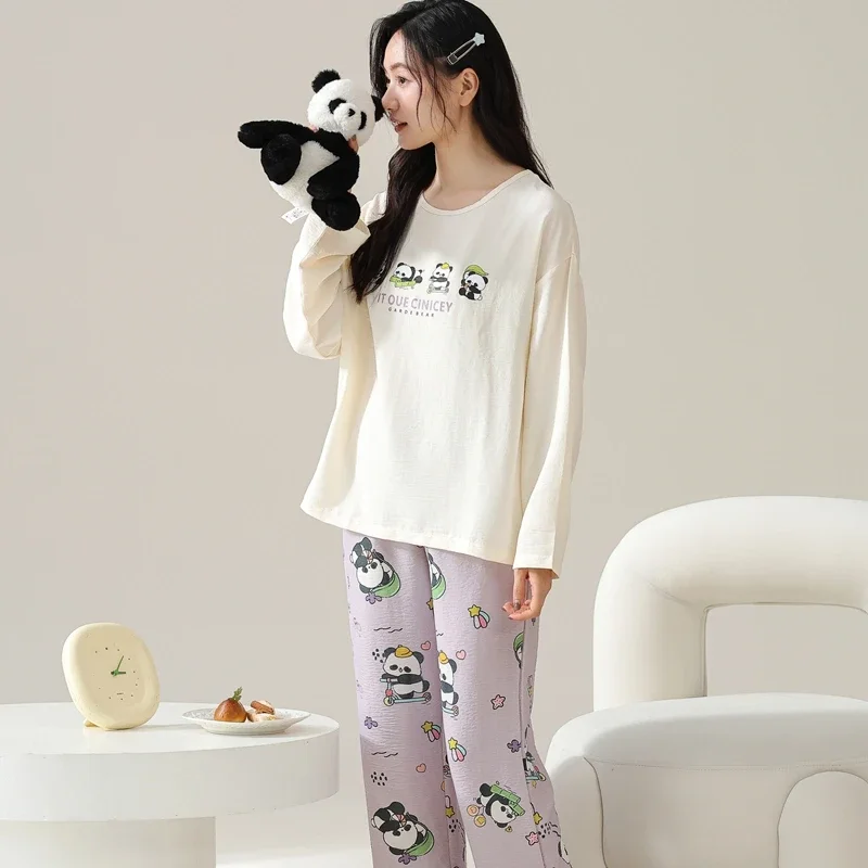 Cartoon Panda Womens Pajamas Sets Autumn Winter Long Sleeves Long Pants Cute Sleepwear Kawaii Pijamas Cozy Pyjamas Soft Girl Pjs