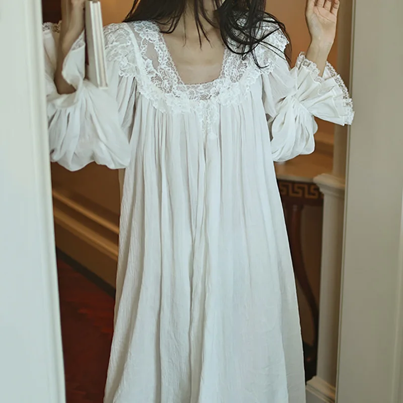 White Cotton Jacquard Nightgown with Chest Cushion French Fairy Princess Nighty Wear Loose Lace Spring Autumn Nightdress
