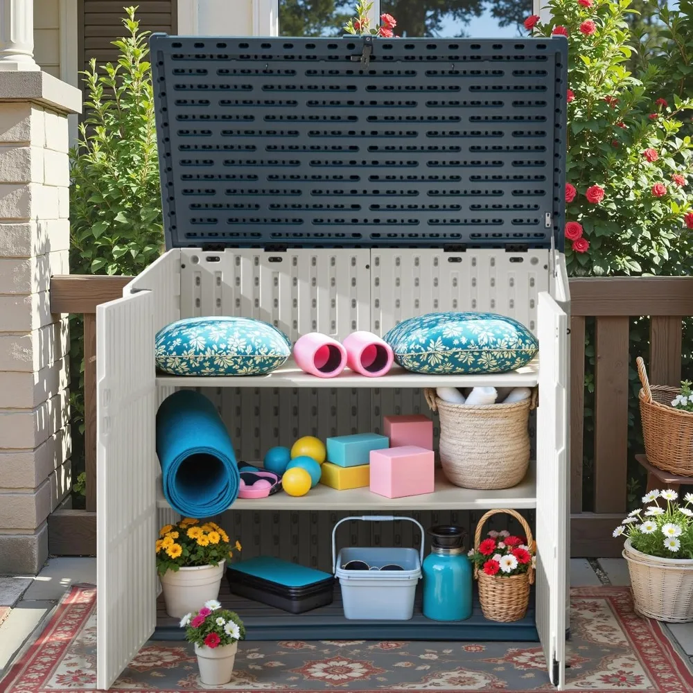 

Outdoor resin storage shed, 34 cubic feet horizontal outdoor storage box, garden waterproof, swimming pool storage, white