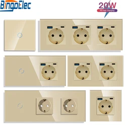 Single Wall Socket with Type-C USB Ports 20W Double Glass Socket Triple Electric Sockets Power Outlets and Touch Switch 16A Gold