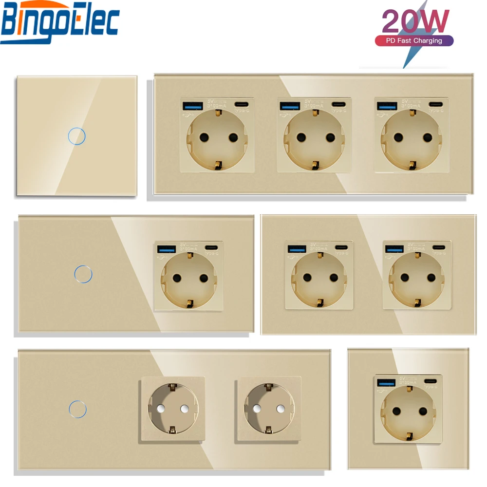 Single Wall Socket with Type-C USB Ports 20W Double Glass Socket Triple Electric Sockets Power Outlets and Touch Switch 16A Gold