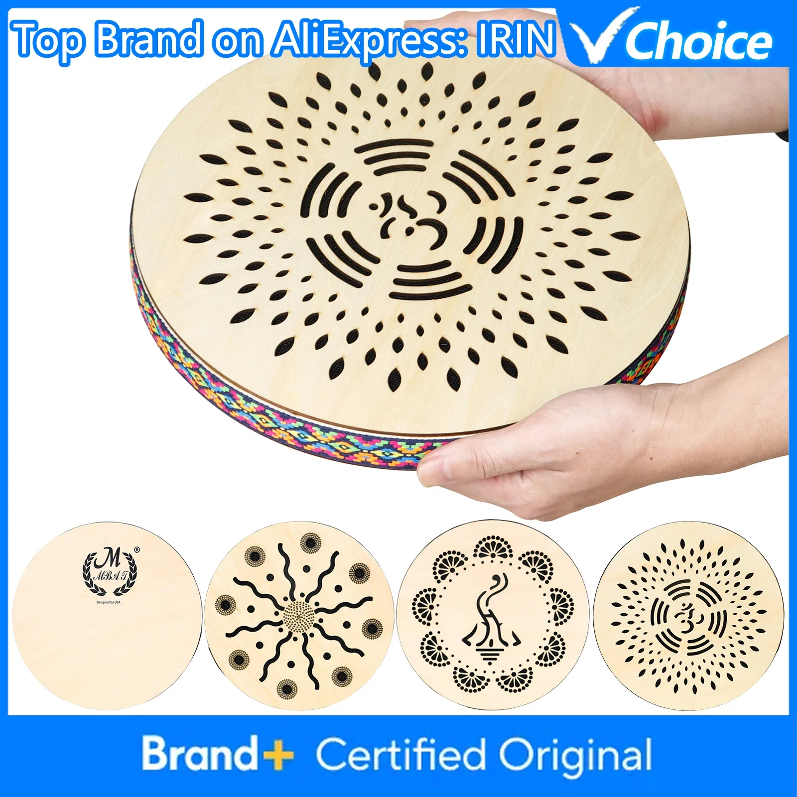M MBAT Tambourine 8/10/12 Inch Wooden Handbell Hand Drum Stream Sound Tambourine for Dance Concerts Game Percussion Instrument